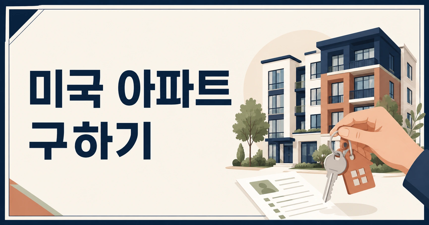 미국 아파트 구하는 법을 설명하는 아파트 건물과 열쇠 일러스트