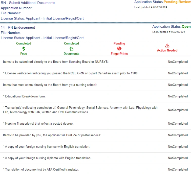 California BRN 면허 이전 Application Checklist 화면