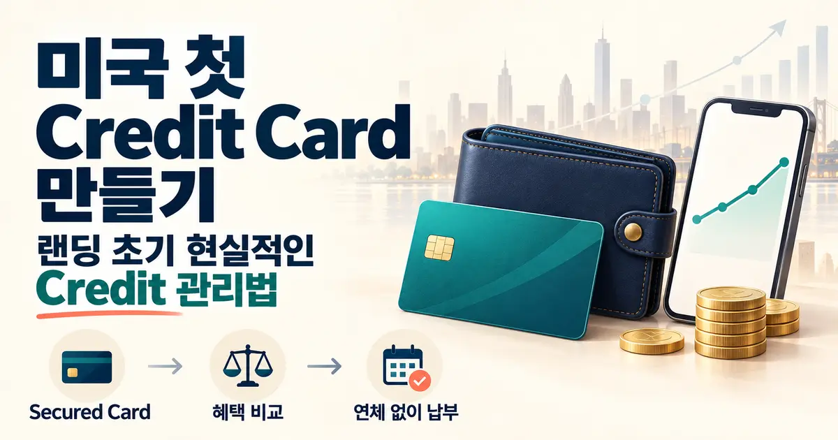 미국 첫 Credit Card 만들기와 Credit 관리법을 안내하는 지갑, 신용카드, 스마트폰 일러스트