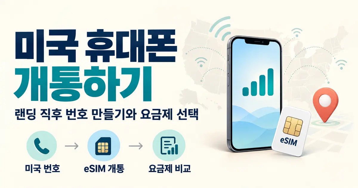 미국 휴대폰 개통하기: 랜딩 직후 번호 만들기와 eSIM 요금제 비교를 안내하는 스마트폰 일러스트